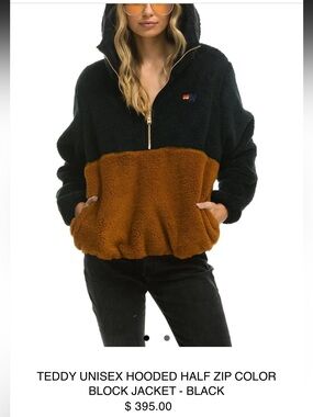 Aviator Nation TEDDY UNISEX HOODED HALF ZIP COLOR BLOCK JACKET - BLACK- L